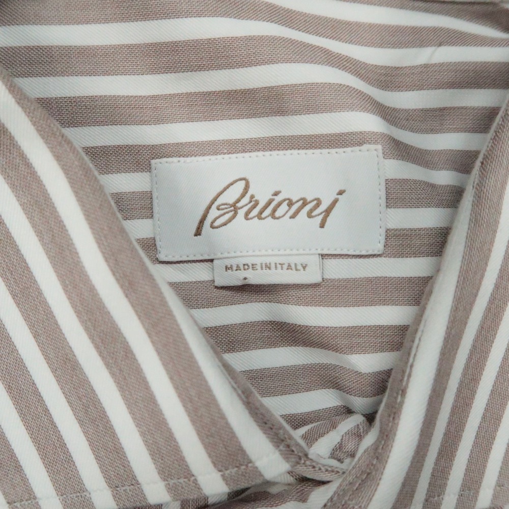 Brioni Shirt Men XL 17.5 Brown White Striped Long Sleeve Button Up - Picture 3 of 11
